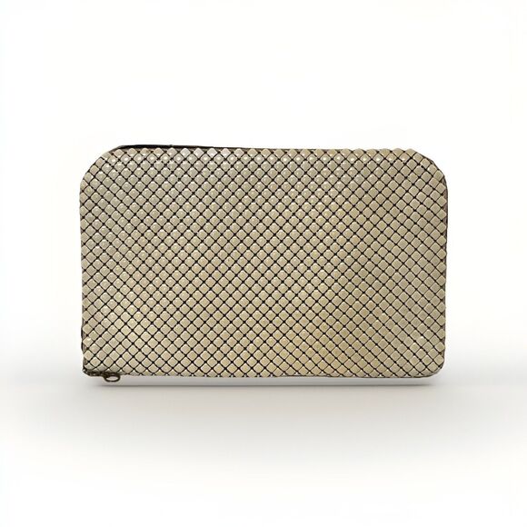 Vintage Whiting And Davis Off White Metal Mesh Zip Around Clutch Purse USA 8”x5” - Picture 1 of 6